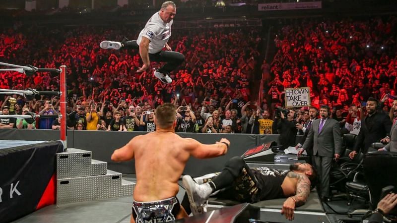 Shane McMahon hits the leap of faith elbow on Jey Uso