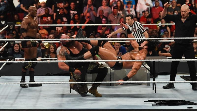 Drew McIntyre hits Braun Strowman with a Claymore kick