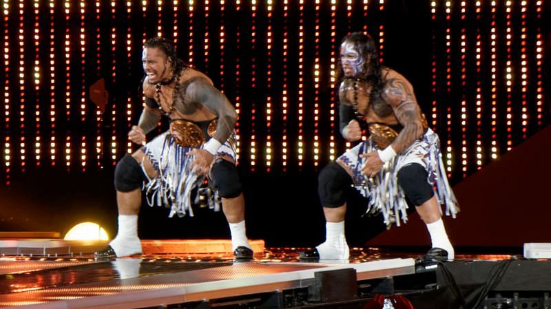 The Usos perform the Haka before their match.
