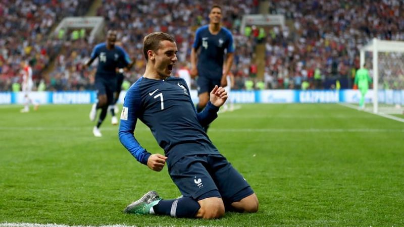 The Frenchman celebrating his goal in Russia 2018