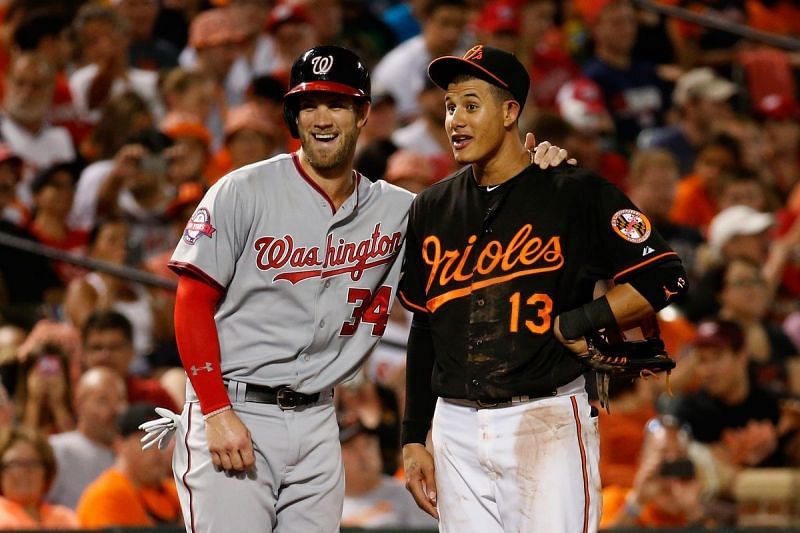 Bryce Harper and Manny Machado during a game at Oriole Park at Camden Yards