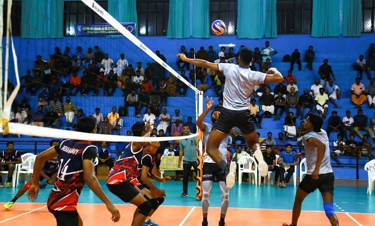 The Blue Spikers team in action against the Indian Navy