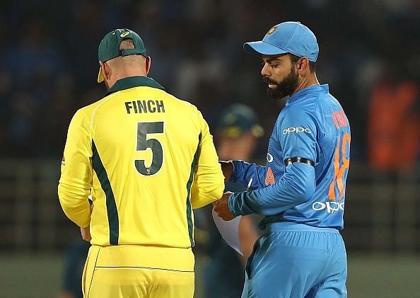 The competing captains Aaron Finch and Virat Kohli before the match got underway