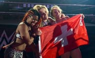 Ember Moon, Natalya and Ronda Rousey after a live event tag match in Switzerland