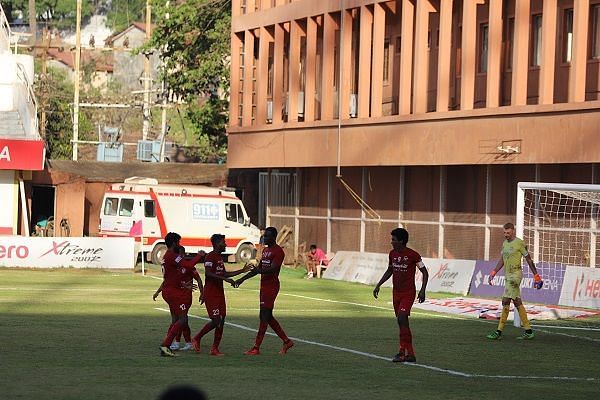Churchill Brothers&#039; players celebrate a goal against Chennai City FC