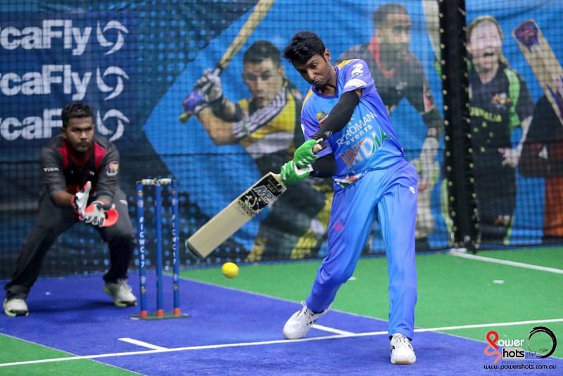 Aries Khan bats for India at the 2017 Indoor Cricket World Cup (Image Courtesy: Powershots Photography)