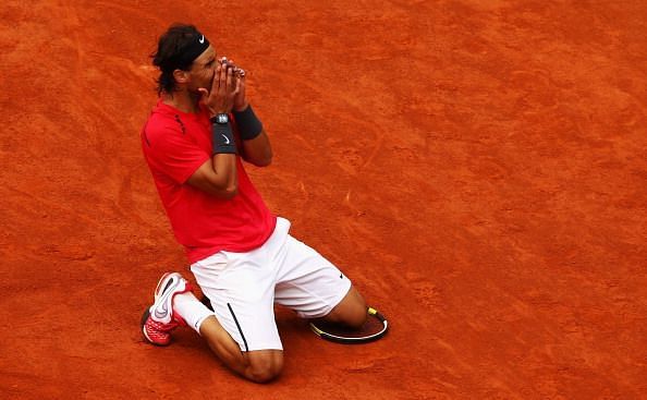 Rafael Nadal shedding tears of joy after defeating Novak Djokovic in the 2012 French Open final
