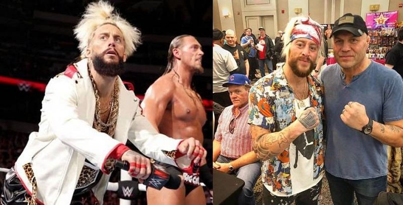 Enzo Amore (far left; and second from right) was fired from WWE in early 2018