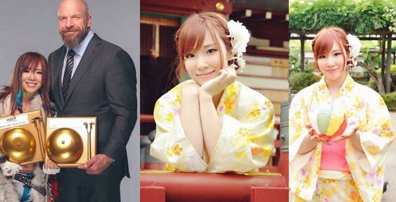 Kairi Sane (left) has received a ton of praise from NXT founder Triple H (second from left) on several occasions