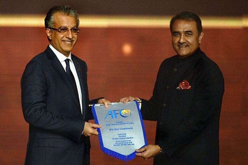 AIFF chief Praful Patel (right) with the AFC president Shaikh Salman bin Ebrahim Al Khalifa