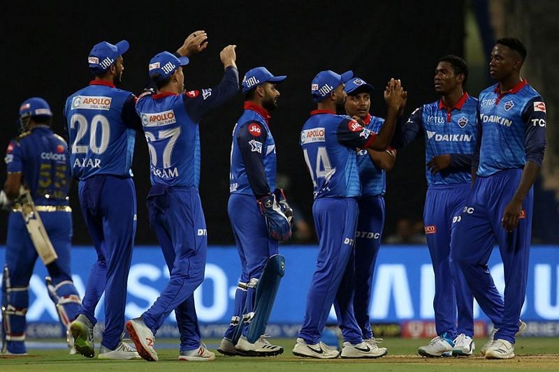 The Delhi Capitals celebrate the fall of Kieron Pollard&#039;s wicket (Image Courtesy: IPLT20)