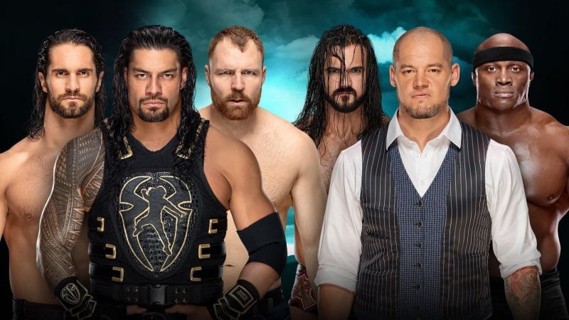 The Shield face Drew McIntyre, Baron Corbin, and Bobby Lashley at Fastlane