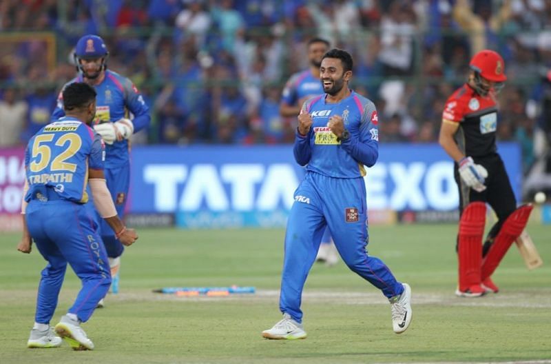 Shreyas Gopal celebrates after taking a wicket