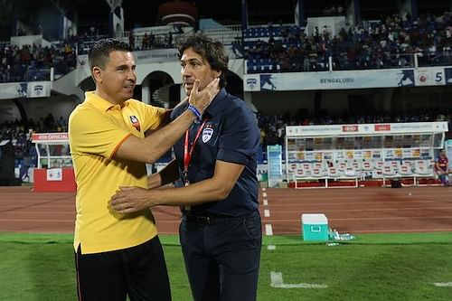 Sergio Lobera (left), FC Goa coach, with Bengaluru FC manager Carles Cuadrat