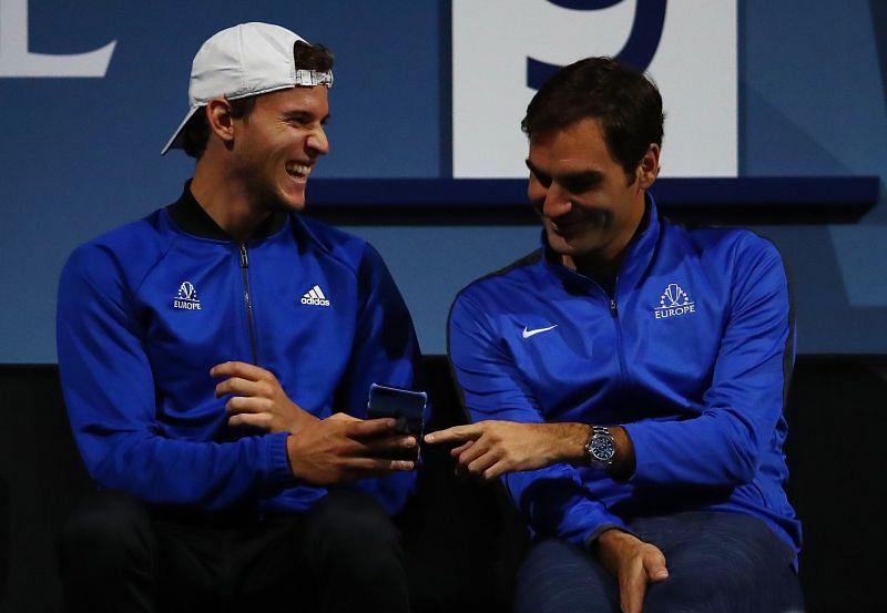 Federer and Thiem sharing a funny moment during the Laver Cup 2018.