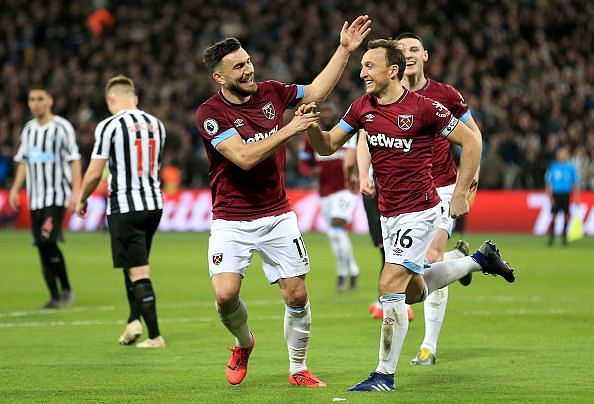 West Ham players celebrating a goal against Newcastle last weekend.