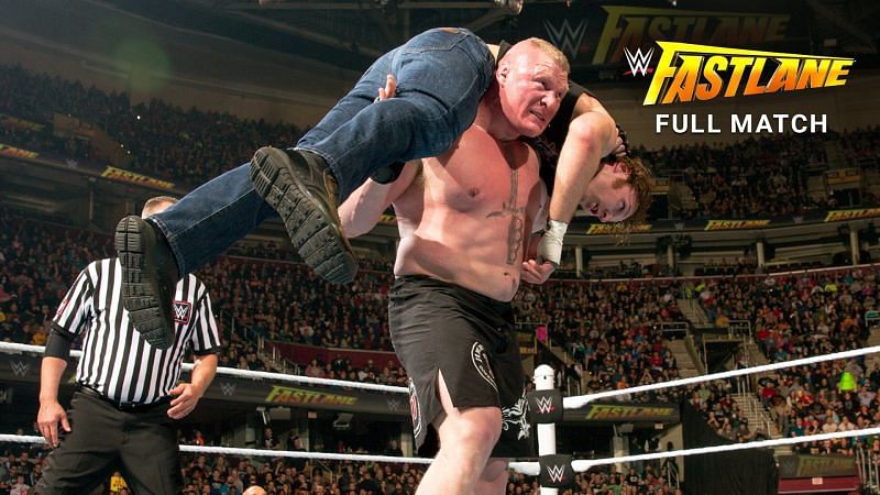 Brock Lesnar delivers an F-5 to Dean Ambrose during their Triple Threat Match (Fastlane 2016)
