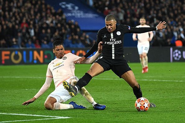 Kylian Mbappe in action against Manchester United