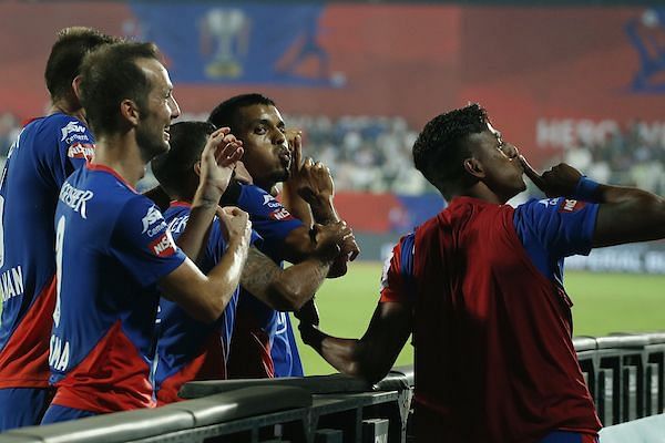 Bengaluru FC&#039;s Rahul Bheke (second from right) celebrates after scoring the winner against FC Goa in the ISL Final