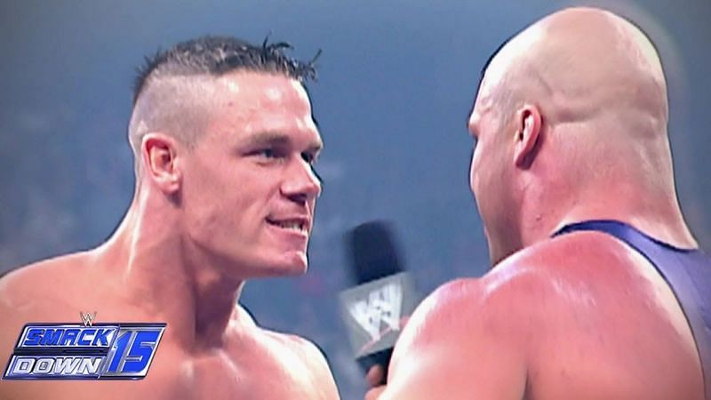 A young John Cena confronting Kurt Angle