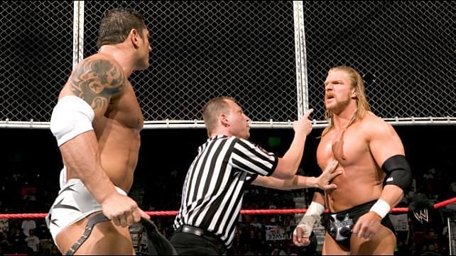The last match between Triple H and Batista happened inside Hell in a Cell