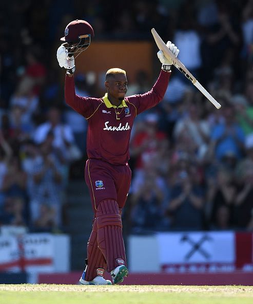Hetmyer celebrates after scoring a century for West Indies in the 2nd One Day International against England