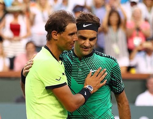 Rafael Nadal (L) and Roger Federer after their 2017 match at Indian Wells