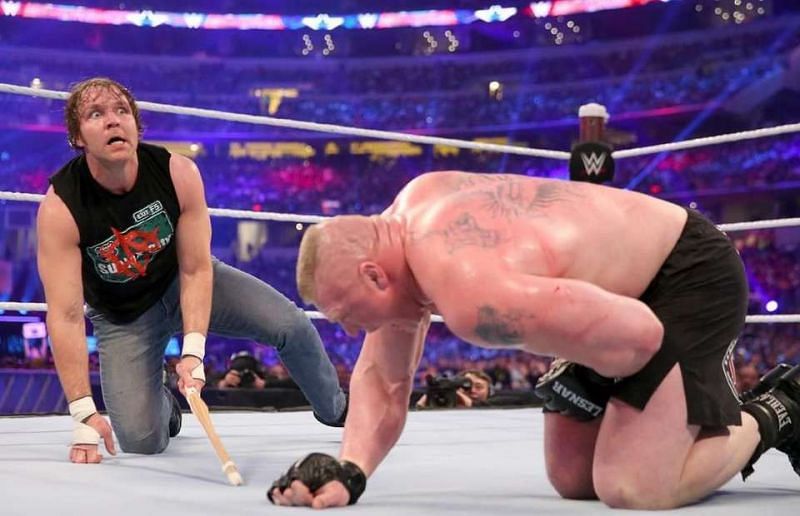 Dean Ambrose and Brock Lesnar in their no holds barred match at Wrestlemania.