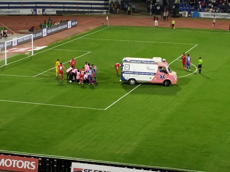 NorthEast United&#039;s Federico Gallego taken off the pitch in an ambulance