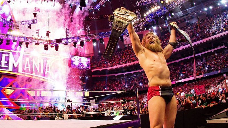 Daniel Bryan celebrating the biggest night of his wrestling career at WrestleMania XXX.