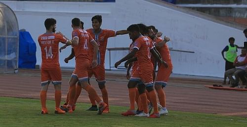 Chennai City players celebrate