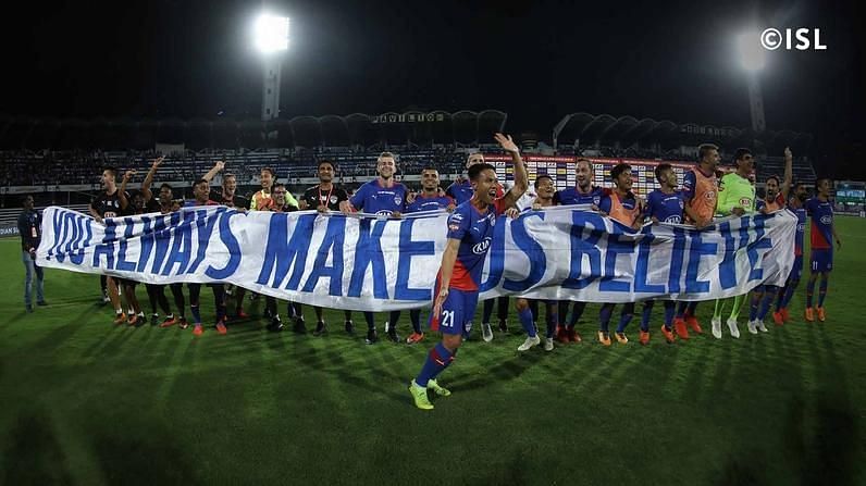 Bengaluru FC players celebrating after the playoff game against NorthEast United.