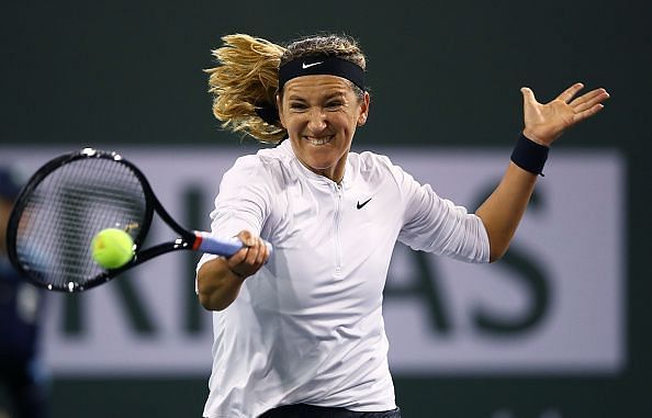 Victoria Azarenka smashing the forehand against Vera Lapko at the BNP Paribas Open