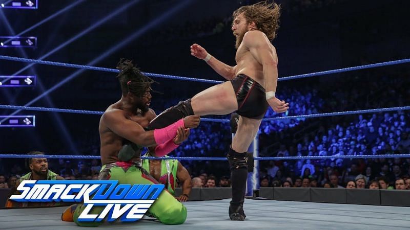 Daniel Bryan kicks Kofi Kingston in the chest on Smackdown Live