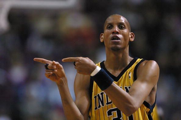 Reggie Miller of the Indiana Pacers vs Detroit Pistons