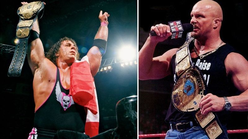 Bret Hart and Steve Austin with their titles