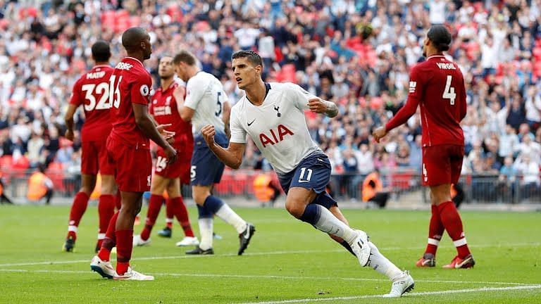 Eric Lamela scores a late goal in their 2-1 defeat earlier this season against Liverpool
