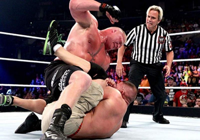Brock Lesnar totally dominates John Cena at Summerslam 2014.