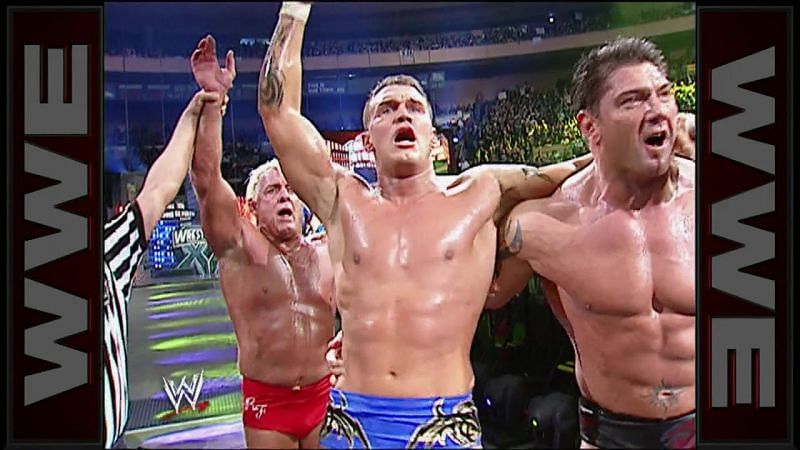 Batista teamed up with Ric Flair and Randy Orton at WrestleMania XX