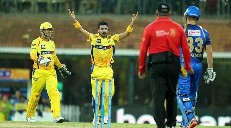 Jadeja celebrates the fall of a wicket