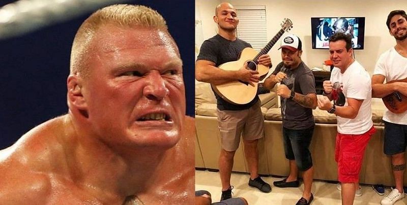 Brock Lesnar (left) and Junior dos Santos (second from left) were scheduled to fight for Lesnar&#039;s UFC Heavyweight Title back when The Beast held the belt