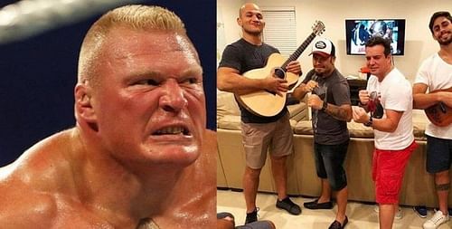 Brock Lesnar (left) and Junior dos Santos (second from left) were scheduled to fight for Lesnar's UFC Heavyweight Title back when The Beast held the belt