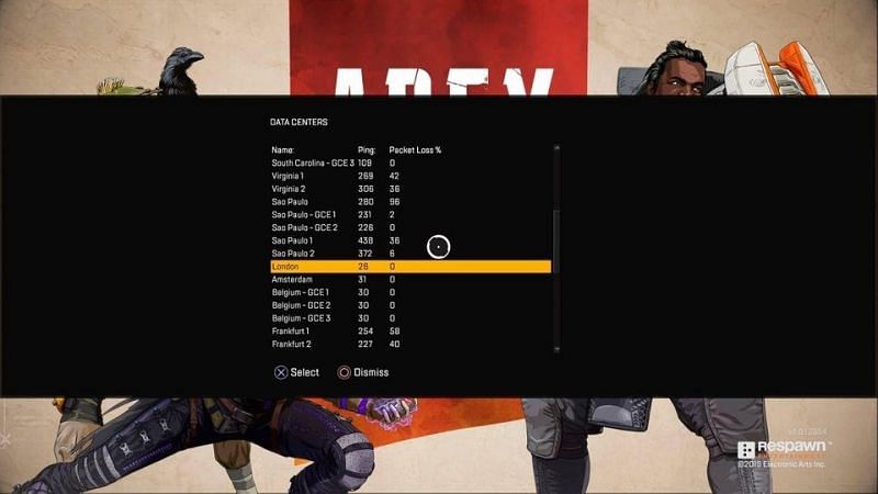 Apex legends Data Centre Selection Screen in game