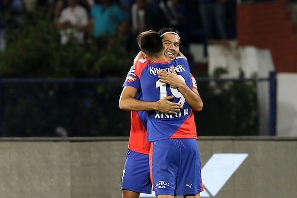 Miku celebrates with Xisco after scoring for Bengaluru against NorthEast