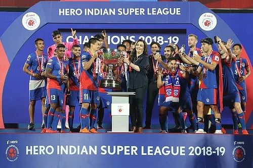 Bengaluru FC players with the ISL trophy