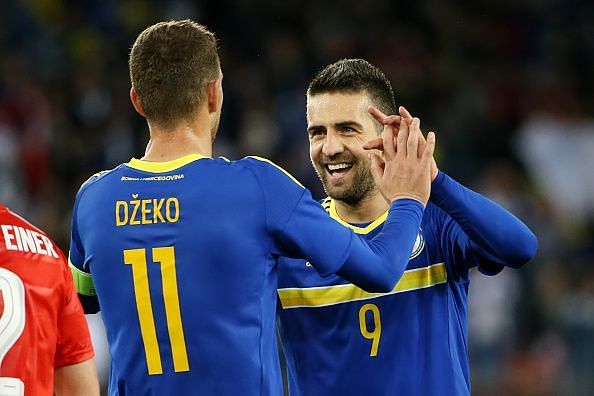 Dzeko celebrates a goal for Bosnia