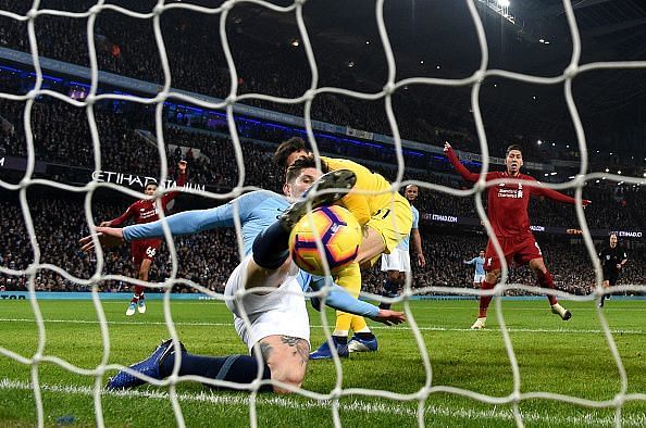 A goal-line clearance by Stones to deny Liverpool&#039;s brilliant attempt at Etihad