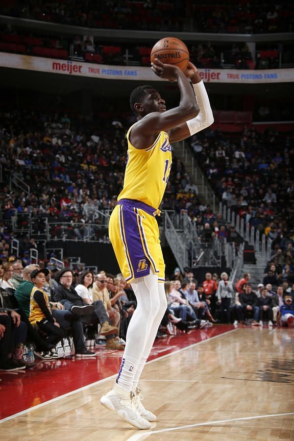 Lakers&#039; Isaac Bonga taking a 3-pointer attempt vs Detroit Pistons