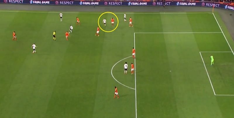 Dumfries (circled yellow) had marked Schulz seconds before the latter made his run.