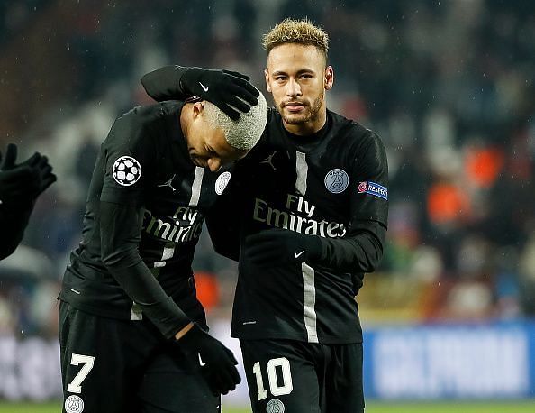 Neymar Jr and Mbappe celebrate against Red Star Belgrade